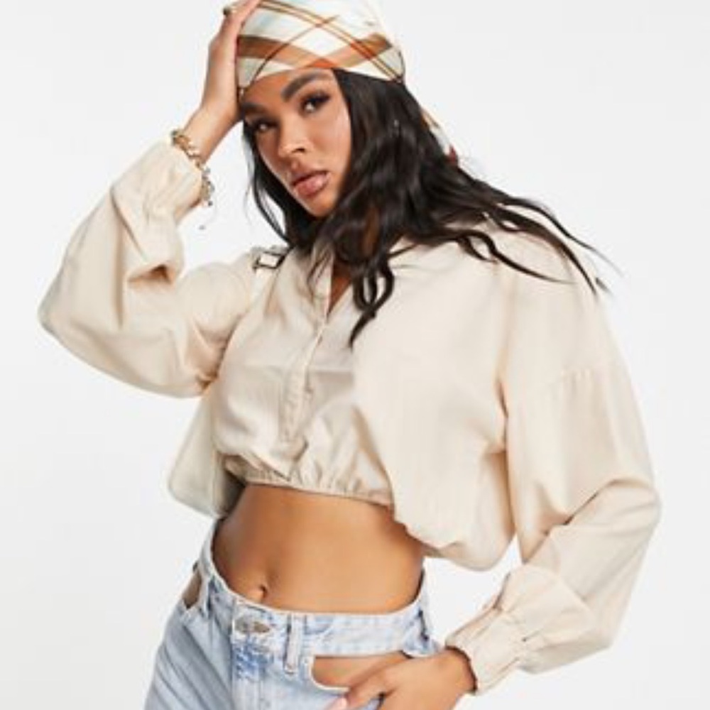 ASOS In The Style x Naomi Genes crop balloon sleeve shirt in cream